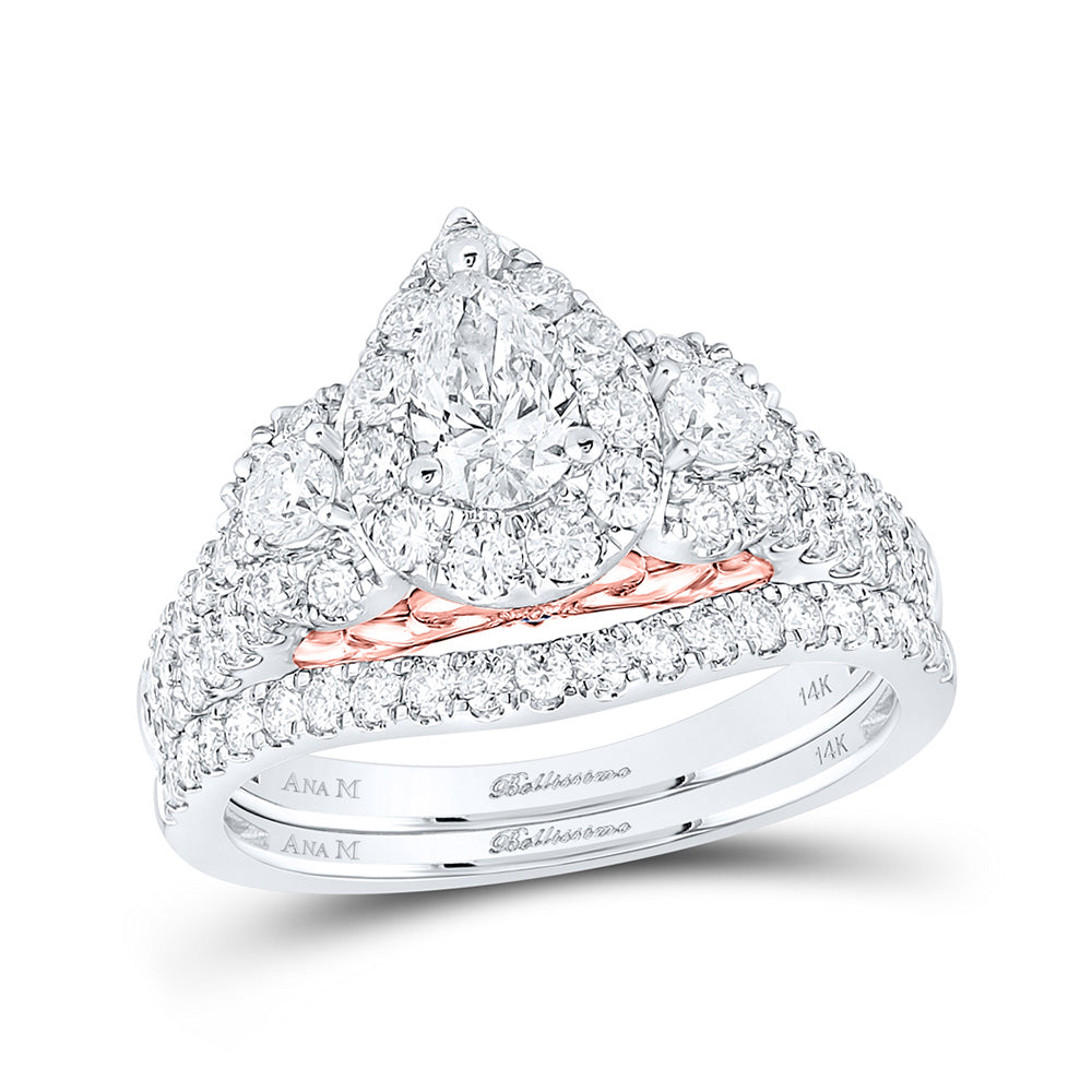 14kt Two-tone Gold Pear Diamond Halo Bridal Wedding Ring Band Set 1-1/2 Cttw