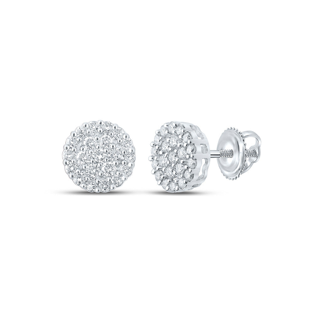 10kt White Gold Mens Round Diamond Cluster Earrings 1 Cttw