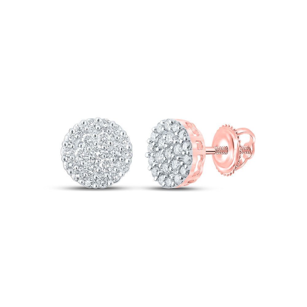 10kt Rose Gold Mens Round Diamond Cluster Earrings 1 Cttw