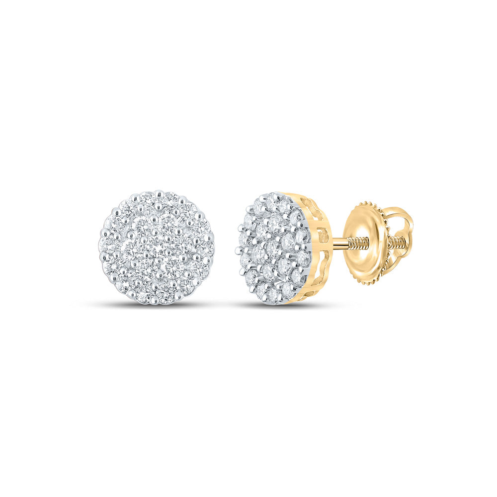 10kt Yellow Gold Mens Round Diamond Cluster Earrings 1 Cttw