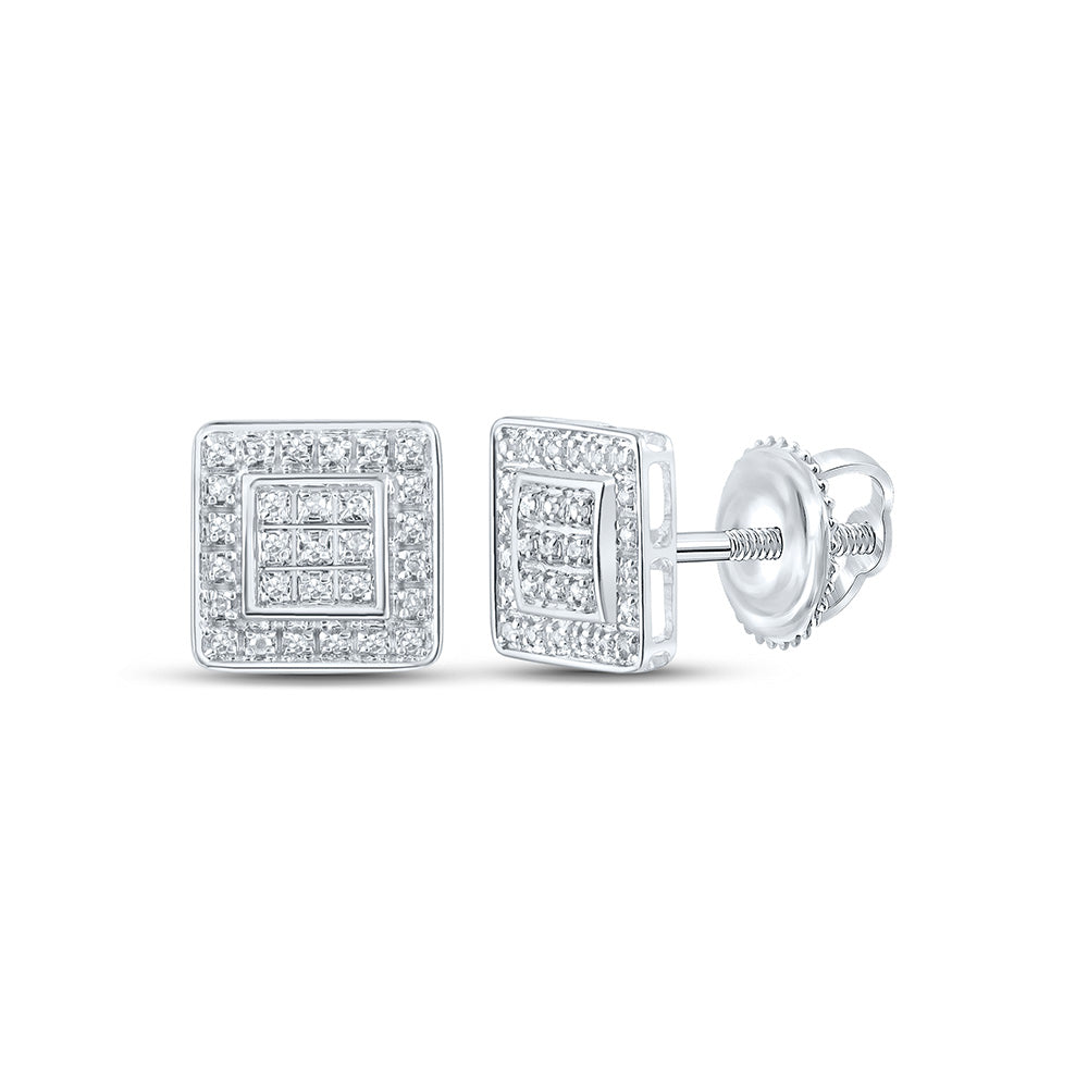 10kt White Gold Mens Round Diamond Square Earrings 1/6 Cttw