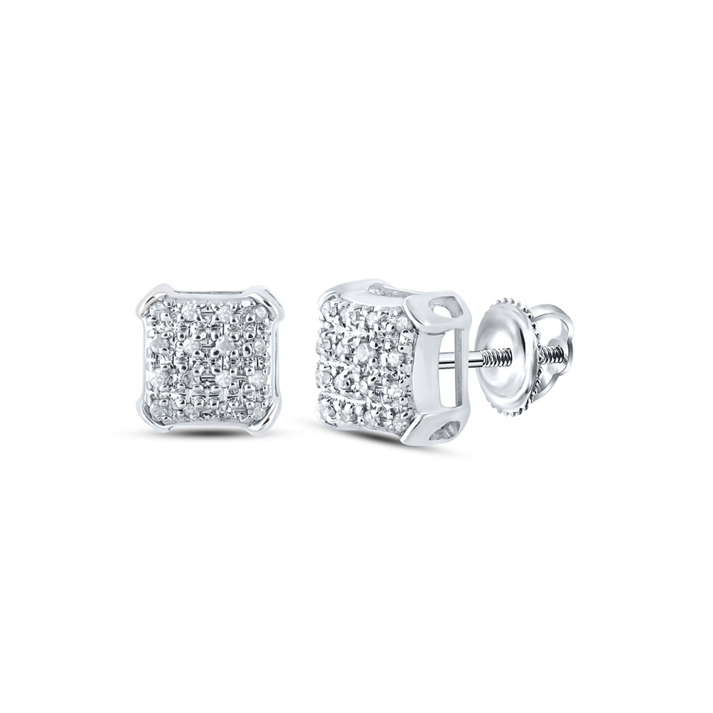 10kt White Gold Mens Round Diamond Square Earrings 1/10 Cttw