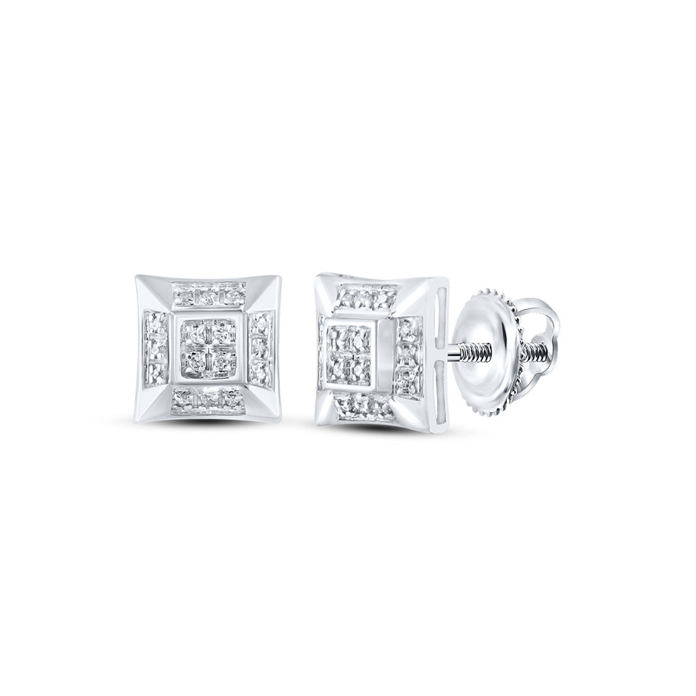 10kt White Gold Mens Round Diamond Square Earrings 1/10 Cttw