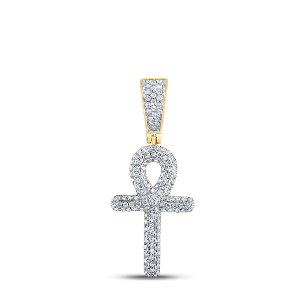 10kt Yellow Gold Mens Round Diamond Ankh Cross Charm Pendant 3/8 Cttw