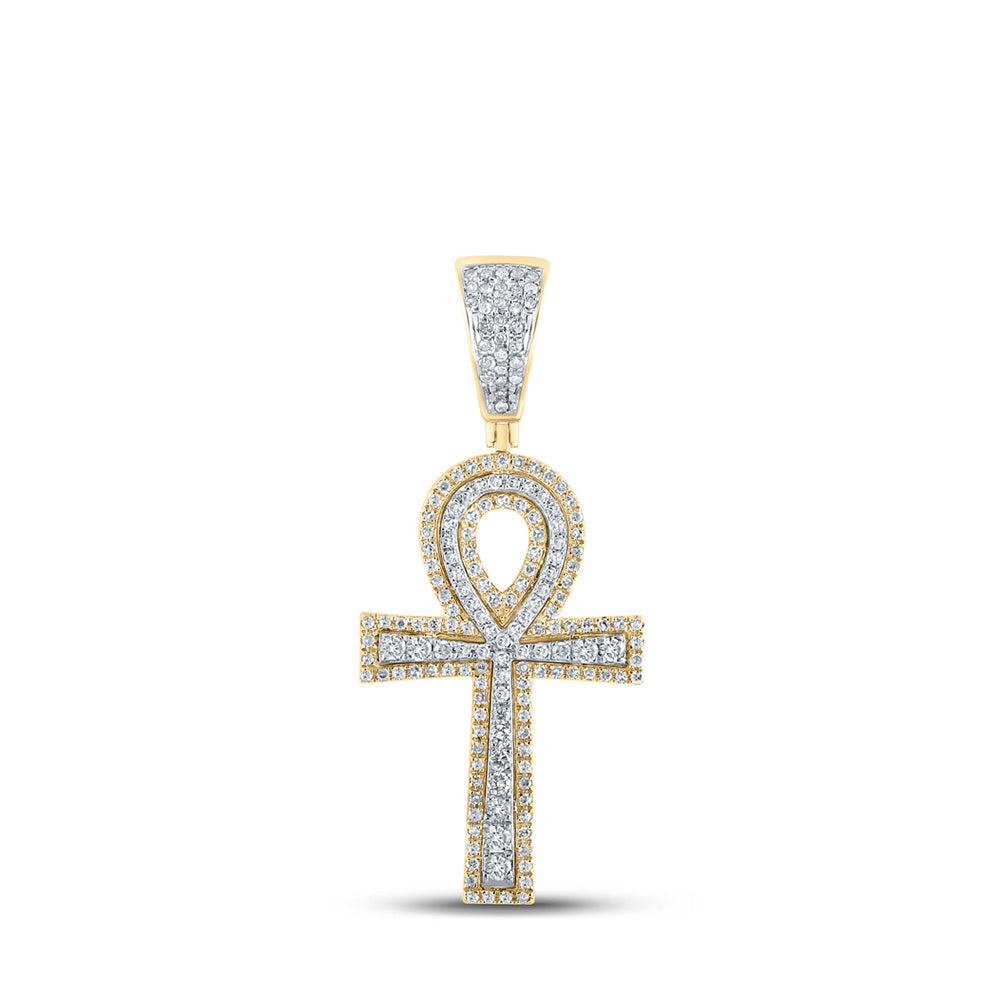 10kt Two-tone Gold Mens Round Diamond Ankh Cross Charm Pendant 7/8 Cttw