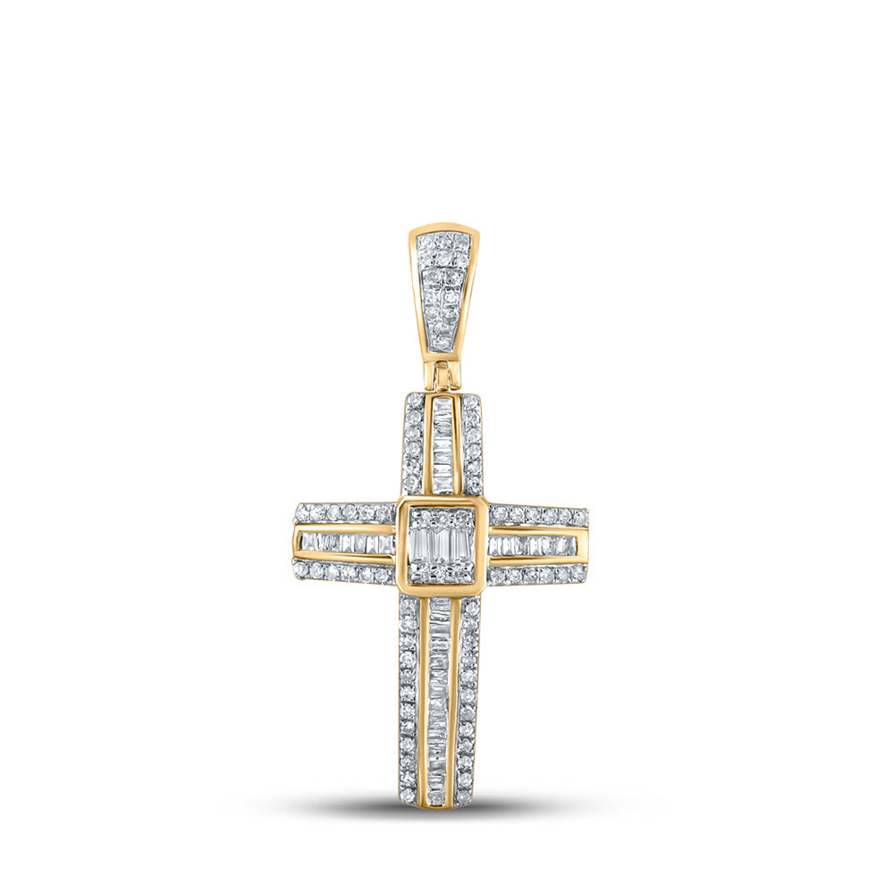 10kt Yellow Gold Mens Baguette Diamond Cross Charm Pendant 1/2 Cttw