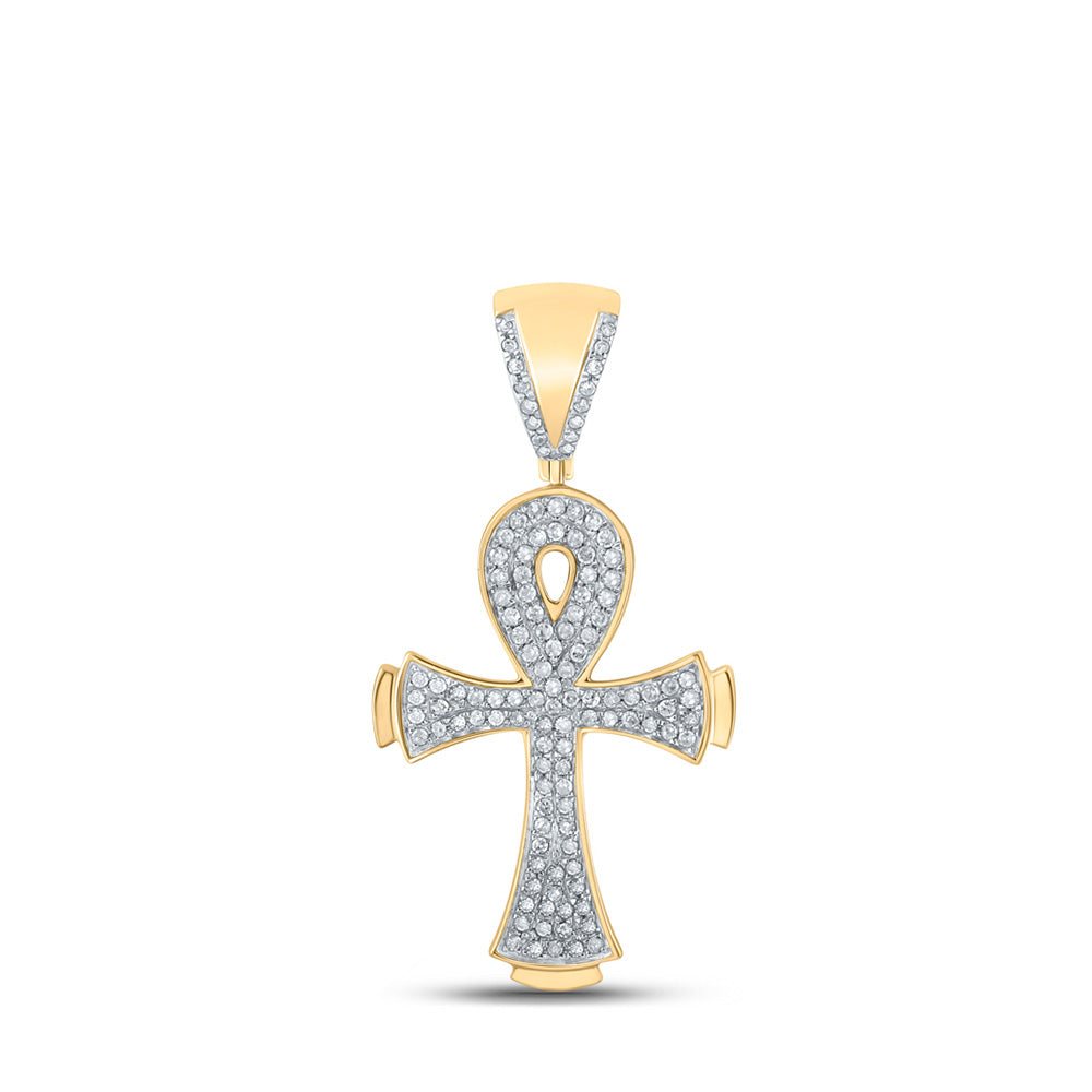 10kt Yellow Gold Mens Round Diamond Ankh Cross Charm Pendant 1/3 Cttw