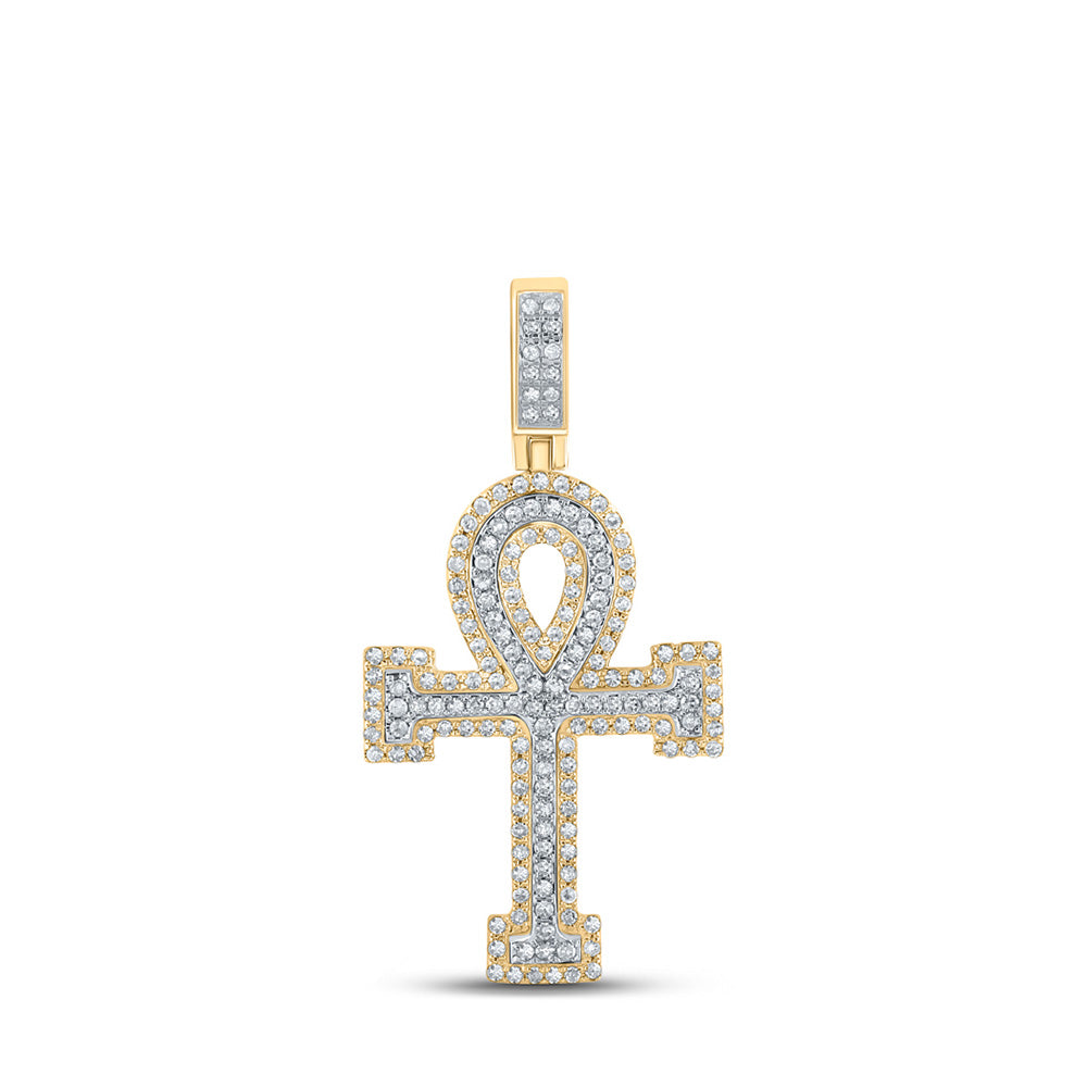 10kt Two-tone Gold Mens Round Diamond Ankh Cross Charm Pendant 7/8 Cttw