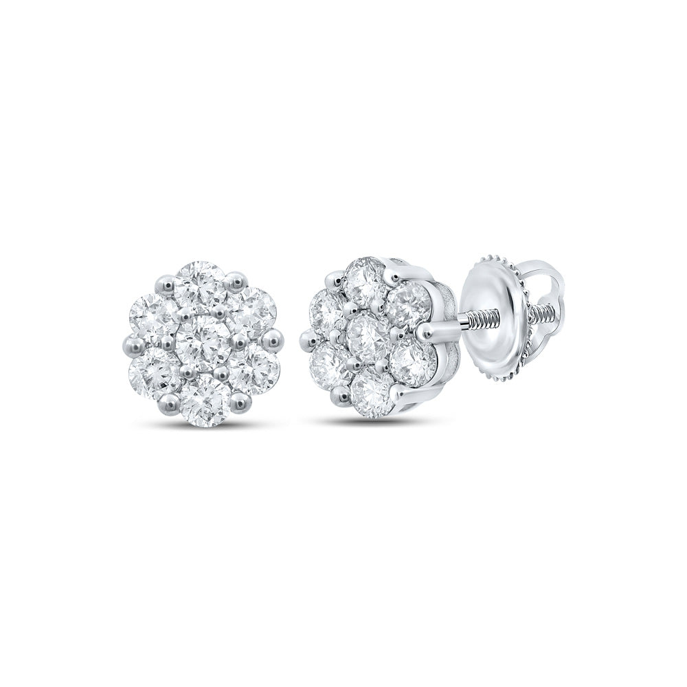 14kt White Gold Womens Round Diamond Flower Cluster Earrings 1 Cttw