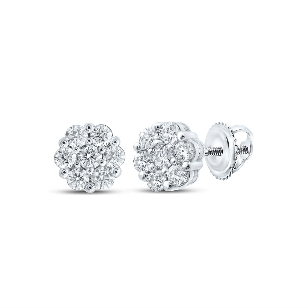 14kt White Gold Womens Round Diamond Flower Cluster Earrings 1-1/5 Cttw