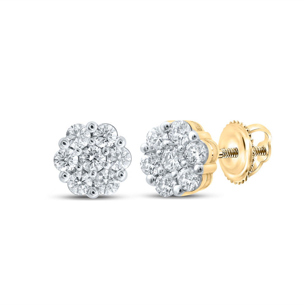 14kt Yellow Gold Womens Round Diamond Flower Cluster Earrings 1-1/2 Cttw