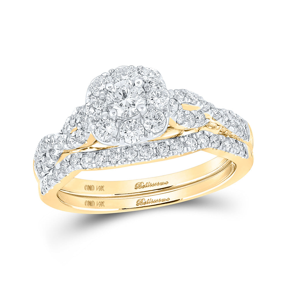 14kt Yellow Gold Round Diamond Halo Bridal Wedding Ring Band Set 1 Cttw