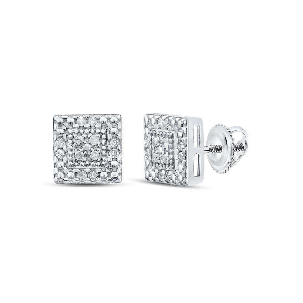 Sterling Silver Womens Round Diamond Square Earrings 1/8 Cttw