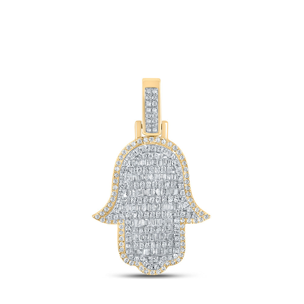 10kt Yellow Gold Mens Baguette Diamond Hamsa Charm Pendant 7/8 Cttw