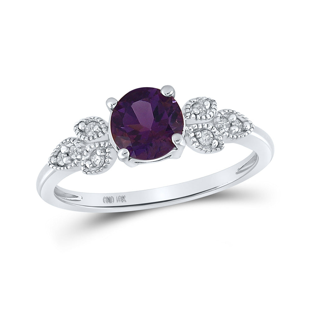 10kt White Gold Womens Round Lab-Created Amethyst Floral Solitaire Ring 7/8 Cttw