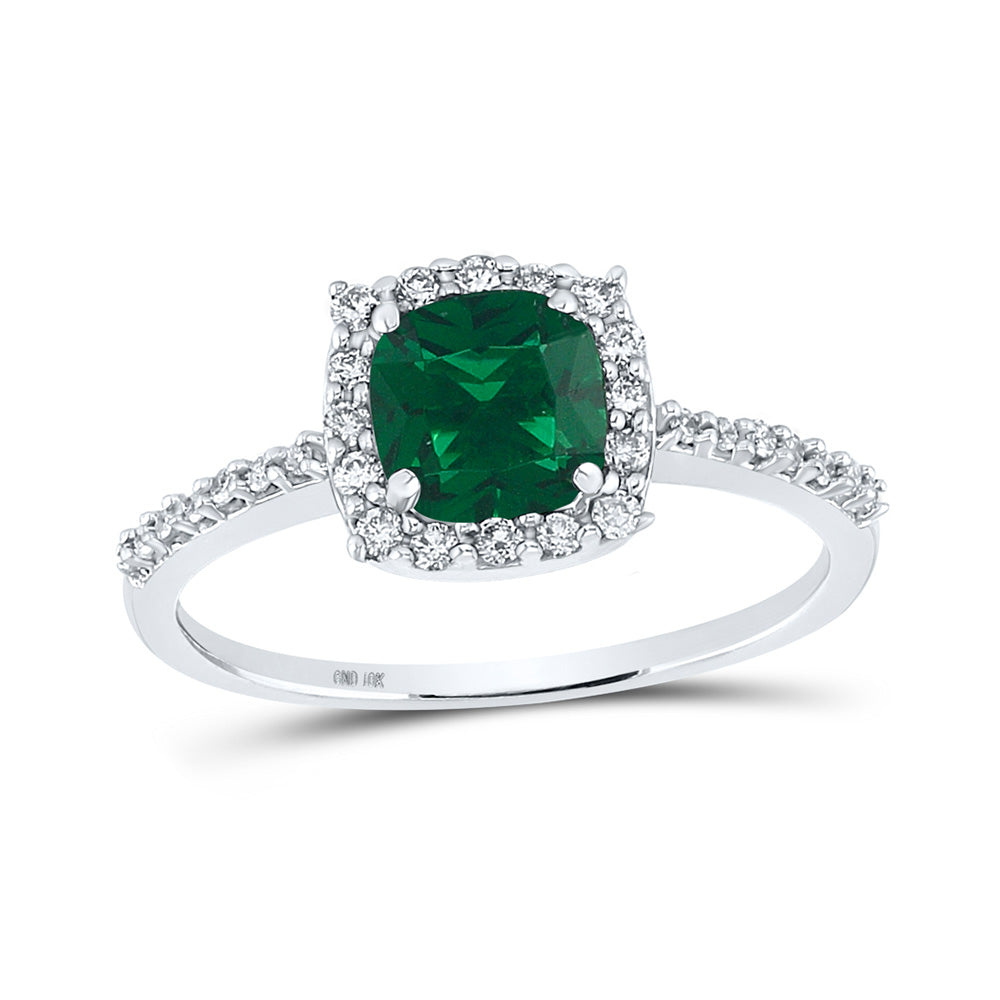 10kt White Gold Womens Cushion Lab-Created Emerald Diamond Solitaire Ring 1-1/5 Cttw