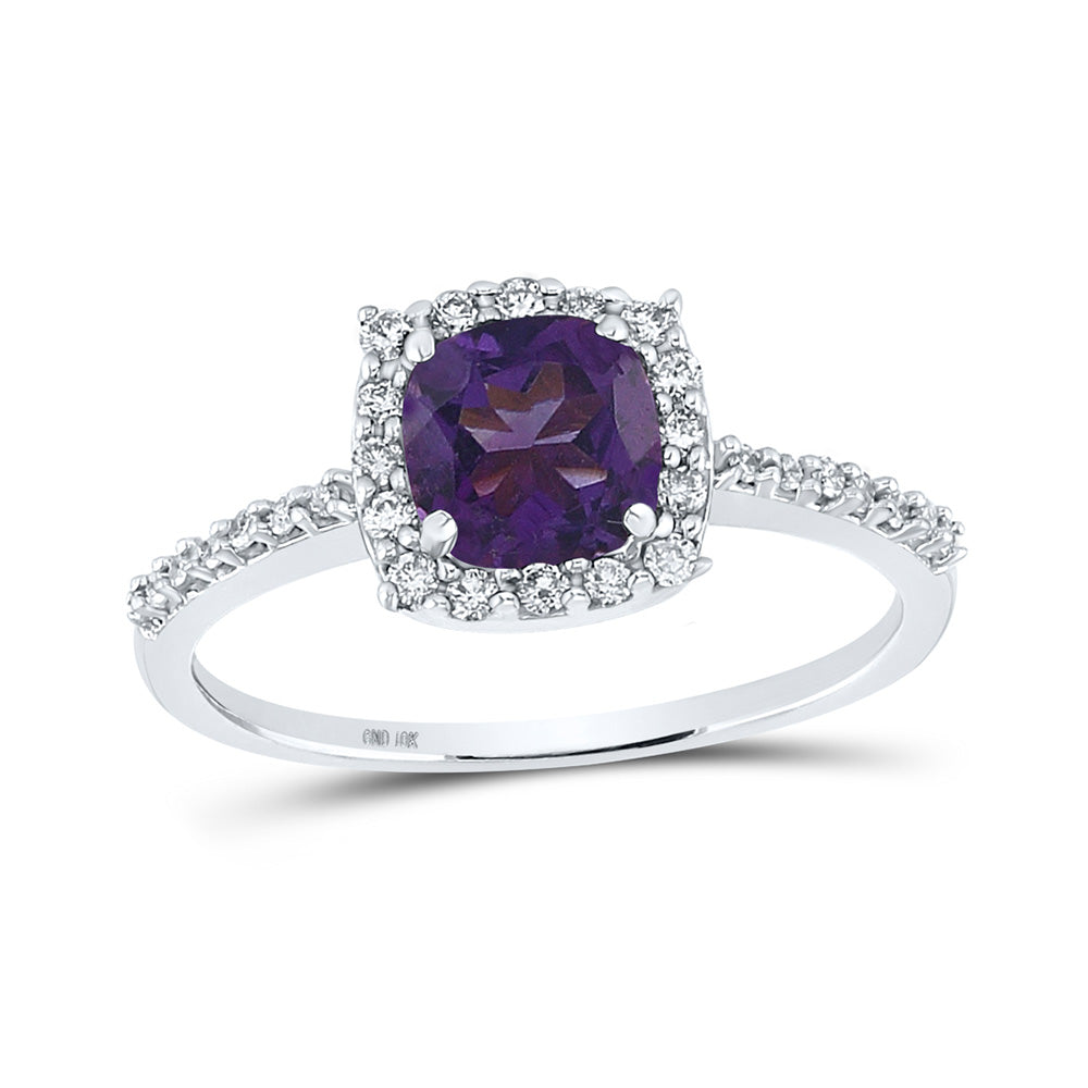 10kt White Gold Womens Cushion Lab-Created Amethyst Diamond Solitaire Ring 1 Cttw