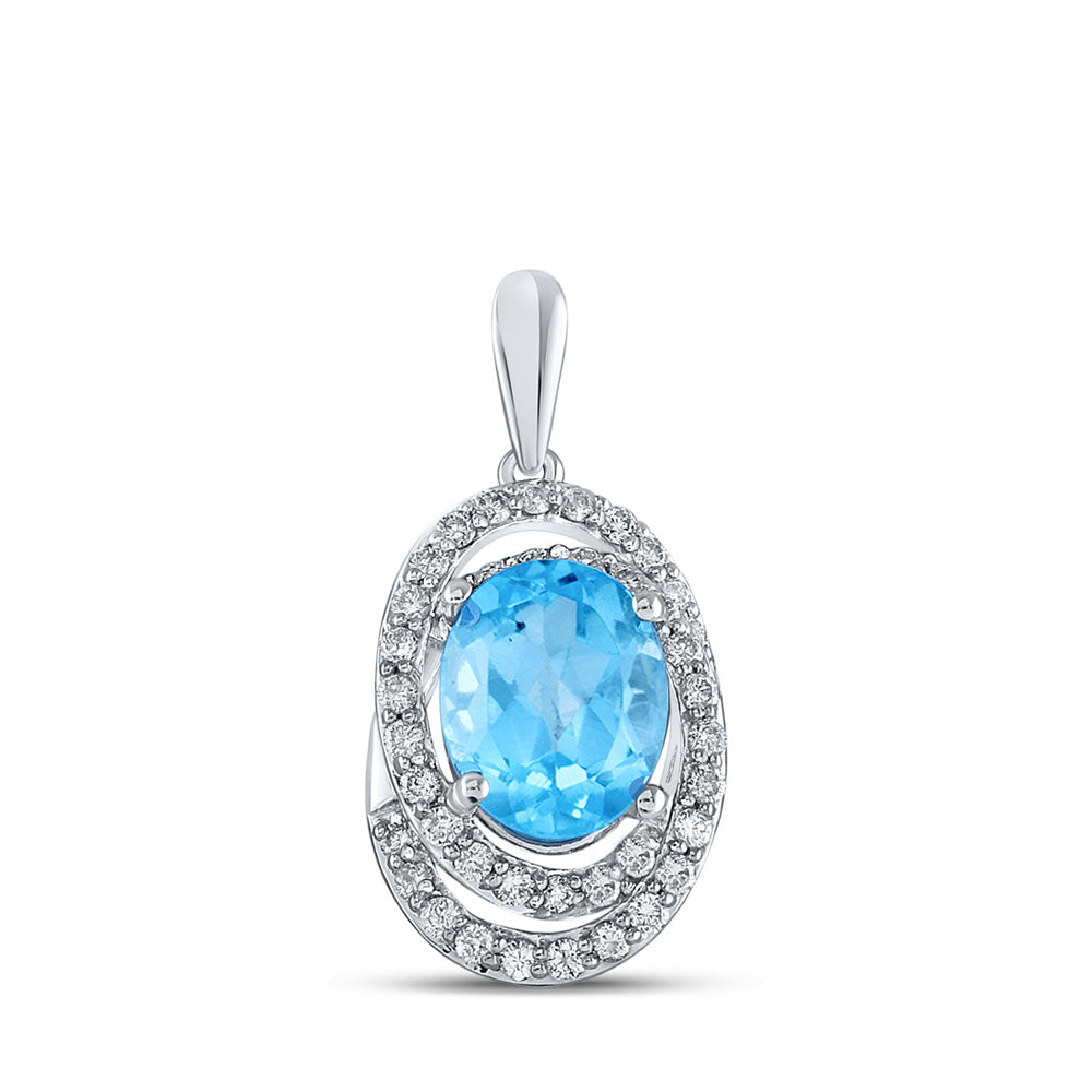 10kt White Gold Womens Oval Lab-Created Blue Topaz Diamond Solitaire Pendant 2-1/2 Cttw