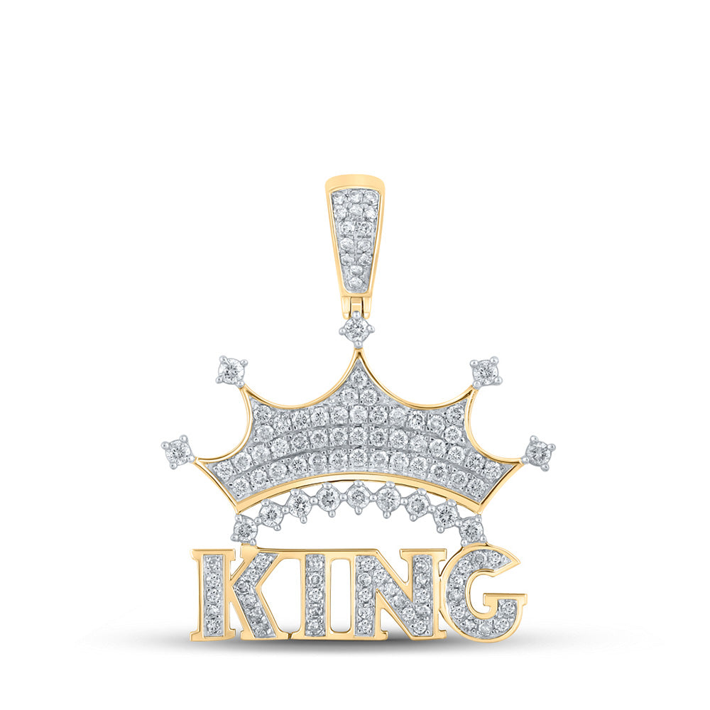 10kt Yellow Gold Mens Round Diamond King Crown Charm Pendant 7/8 Cttw