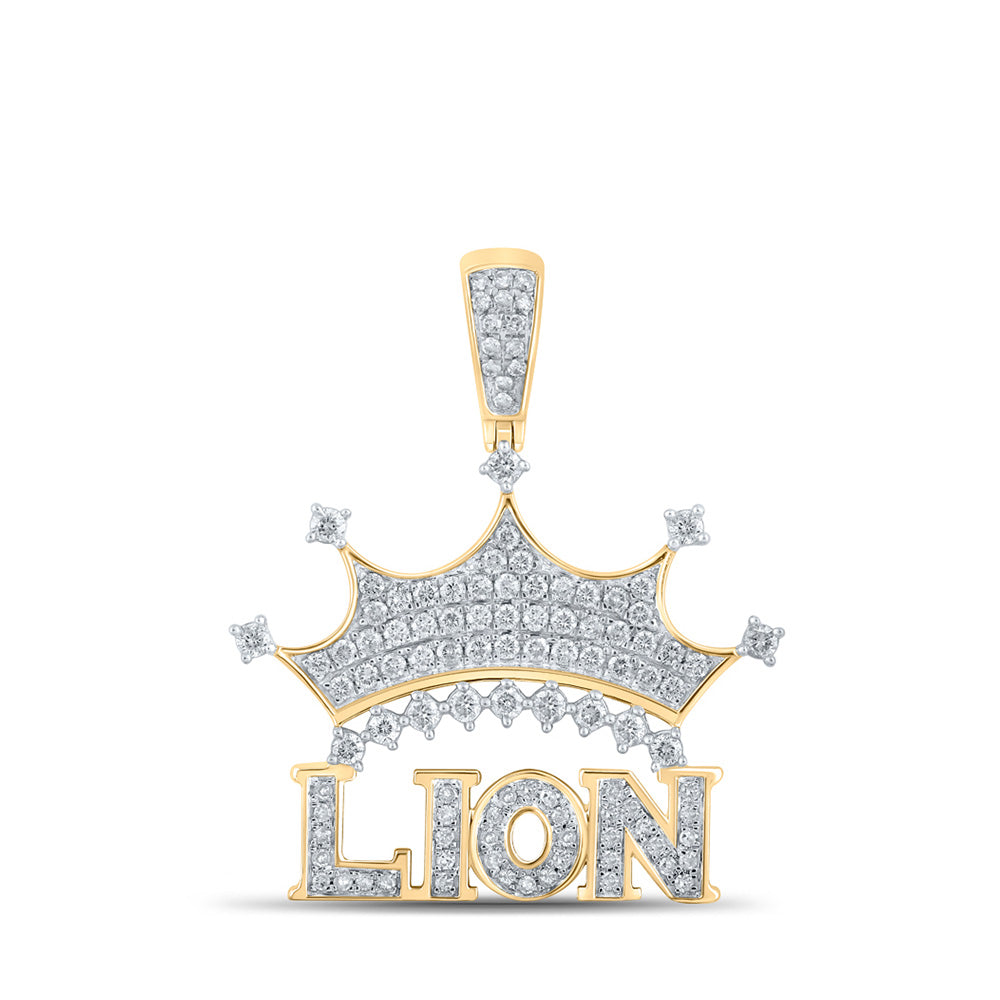 10kt Yellow Gold Mens Round Diamond Lion Crown Charm Pendant 7/8 Cttw