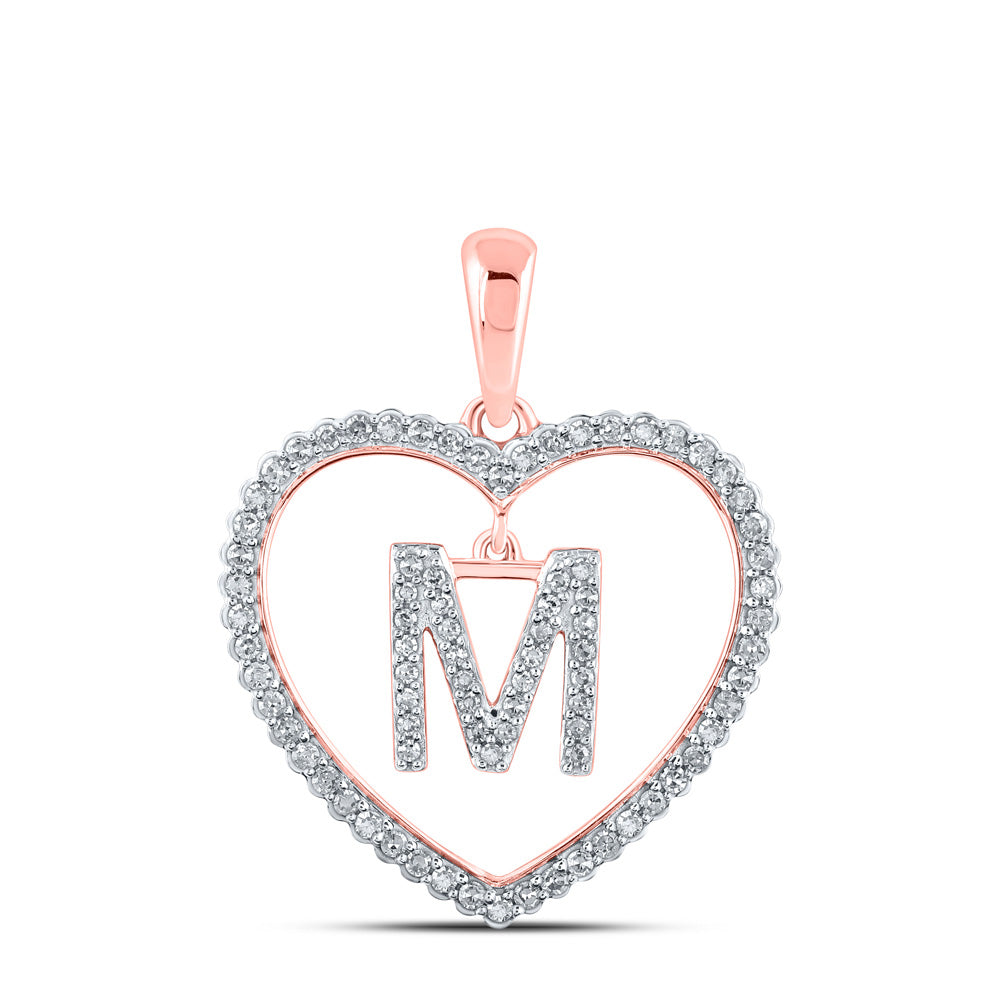 10kt Rose Gold Womens Round Diamond Heart M Letter Pendant 1/4 Cttw