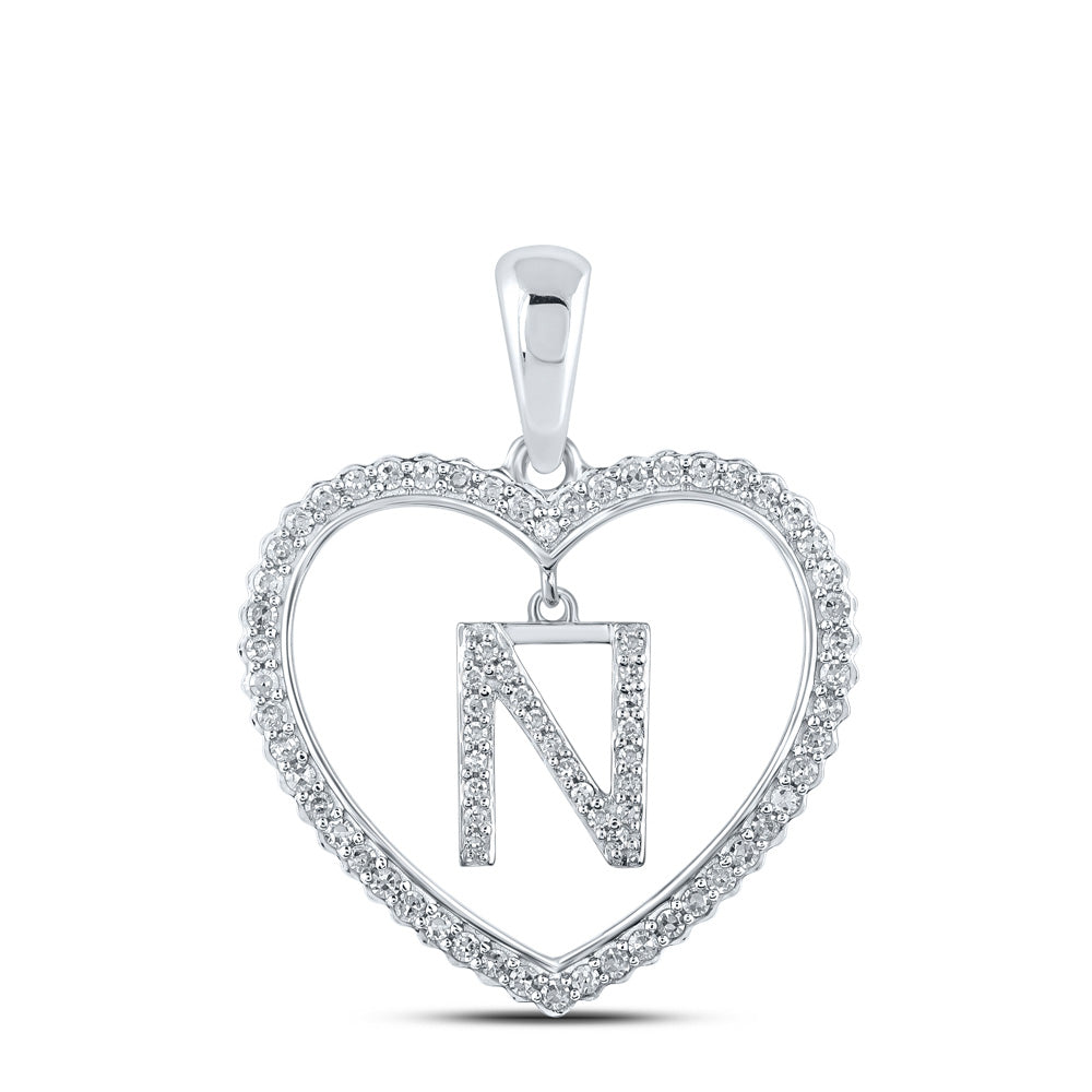 10kt White Gold Womens Round Diamond Heart N Letter Pendant 1/4 Cttw