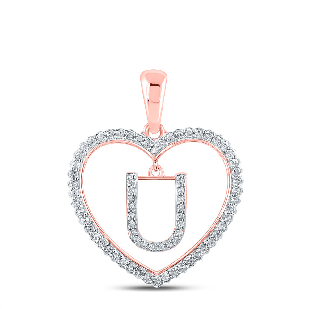 10kt Rose Gold Womens Round Diamond Heart U Letter Pendant 1/4 Cttw