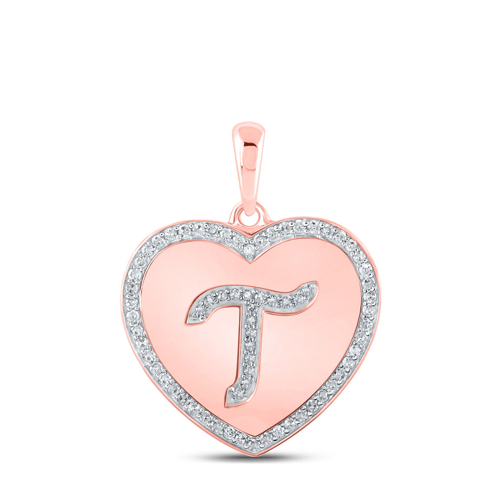 10kt Rose Gold Womens Round Diamond Heart T Letter Pendant 1/4 Cttw