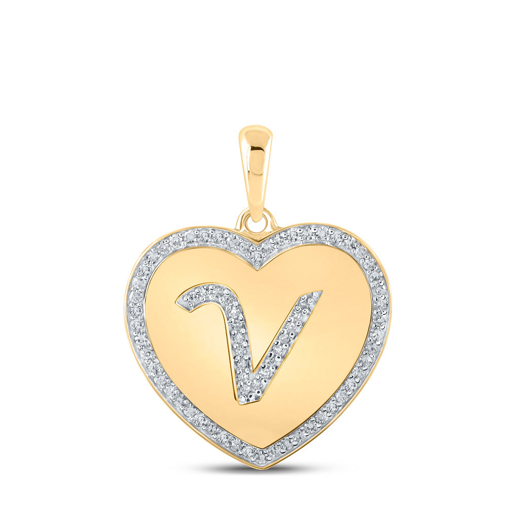 10kt Yellow Gold Womens Round Diamond Heart V Letter Pendant 1/4 Cttw