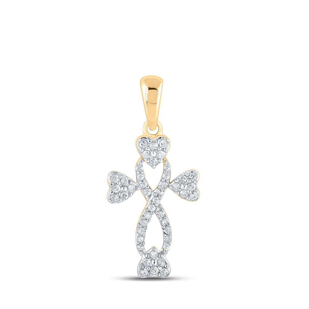 10kt Yellow Gold Womens Round Diamond Cross Heart Pendant 1/6 Cttw