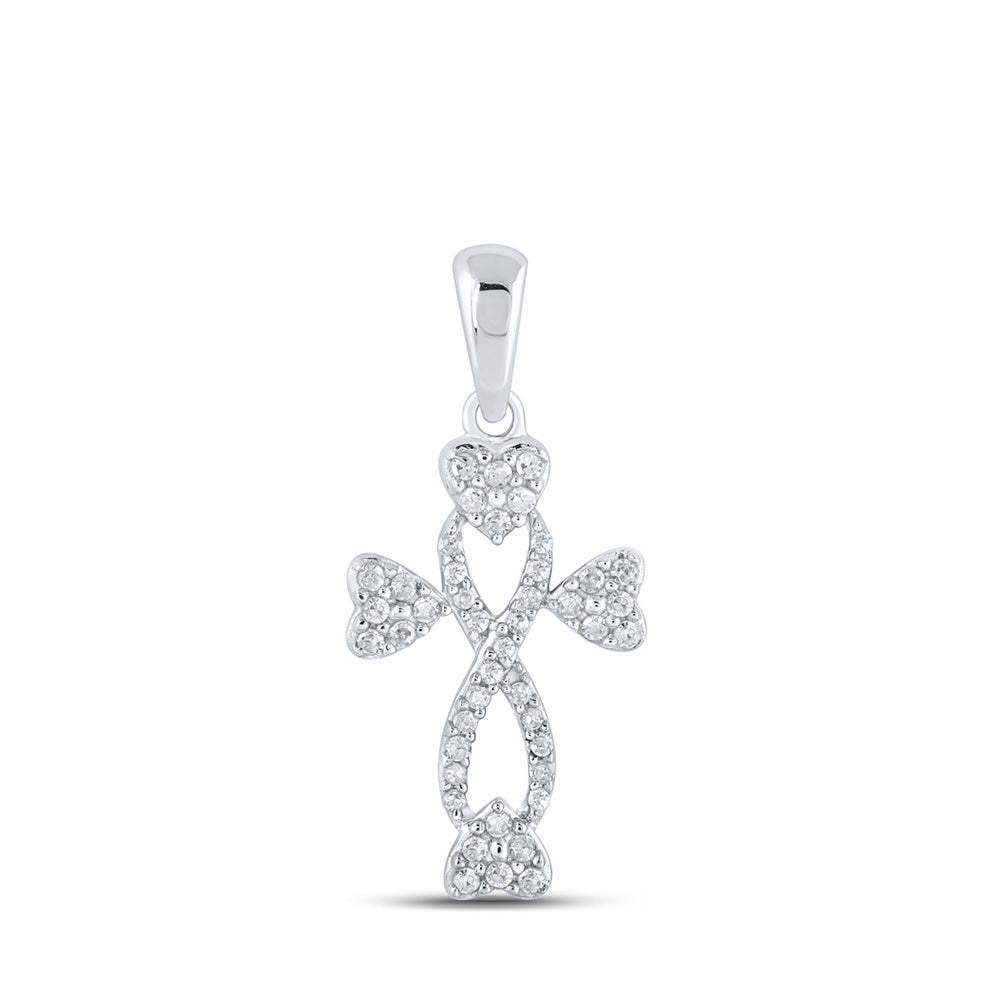 10kt White Gold Womens Round Diamond Cross Heart Pendant 1/6 Cttw