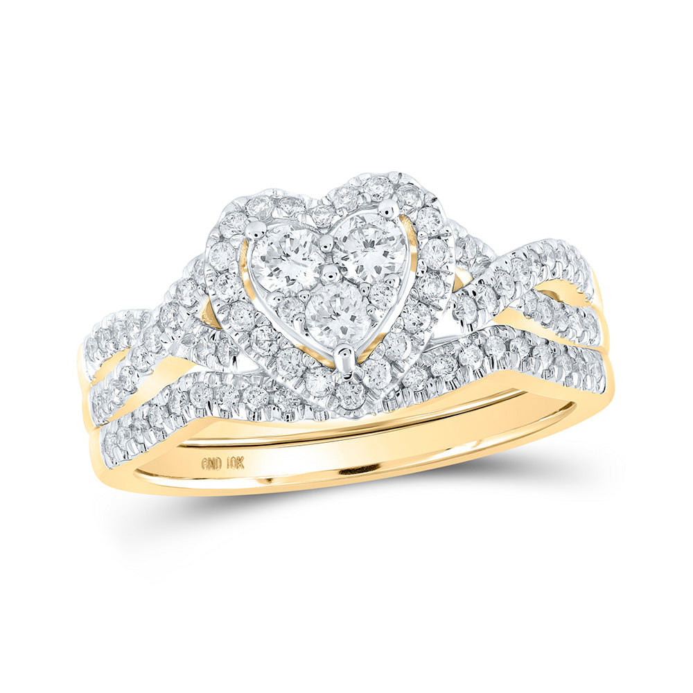 10kt Yellow Gold Round Diamond Heart Bridal Wedding Ring Band Set 5/8 Cttw