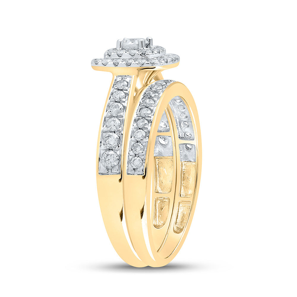 10kt Yellow Gold Round Diamond Halo Bridal Wedding Ring Band Set 3/4 Cttw