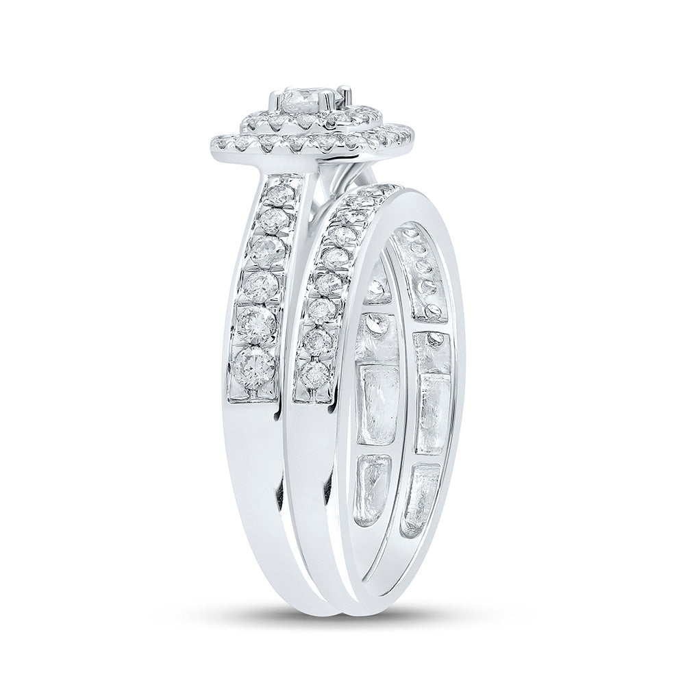 10kt White Gold Round Diamond Halo Bridal Wedding Ring Band Set 3/4 Cttw