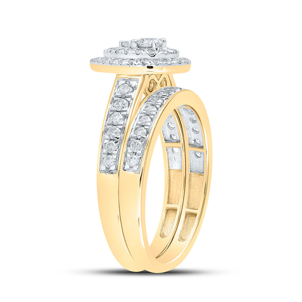 10kt Yellow Gold Round Diamond Halo Bridal Wedding Ring Band Set 3/4 Cttw