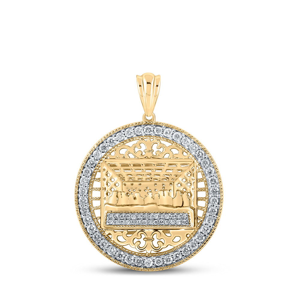 10kt Yellow Gold Mens Round Diamond Last Supper Circle Charm Pendant 3/4 Cttw