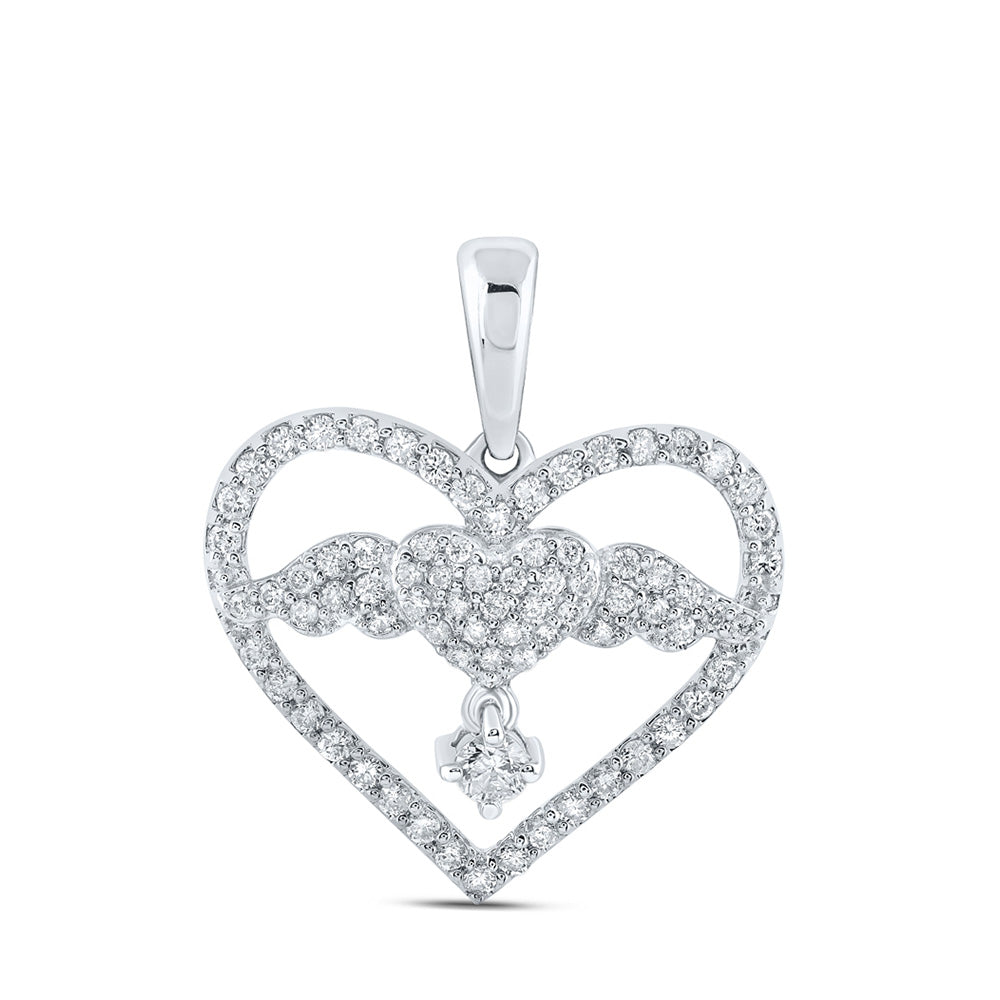 10kt White Gold Womens Round Diamond Angel Heart Pendant 5/8 Cttw