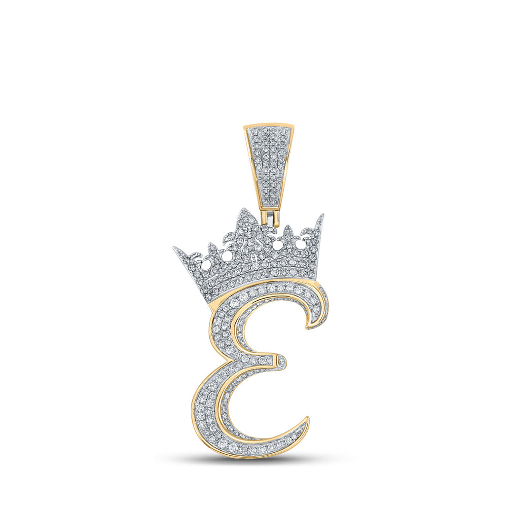 10kt Two-tone Gold Mens Round Diamond Crown E Letter Charm Pendant 1-1/5 Cttw