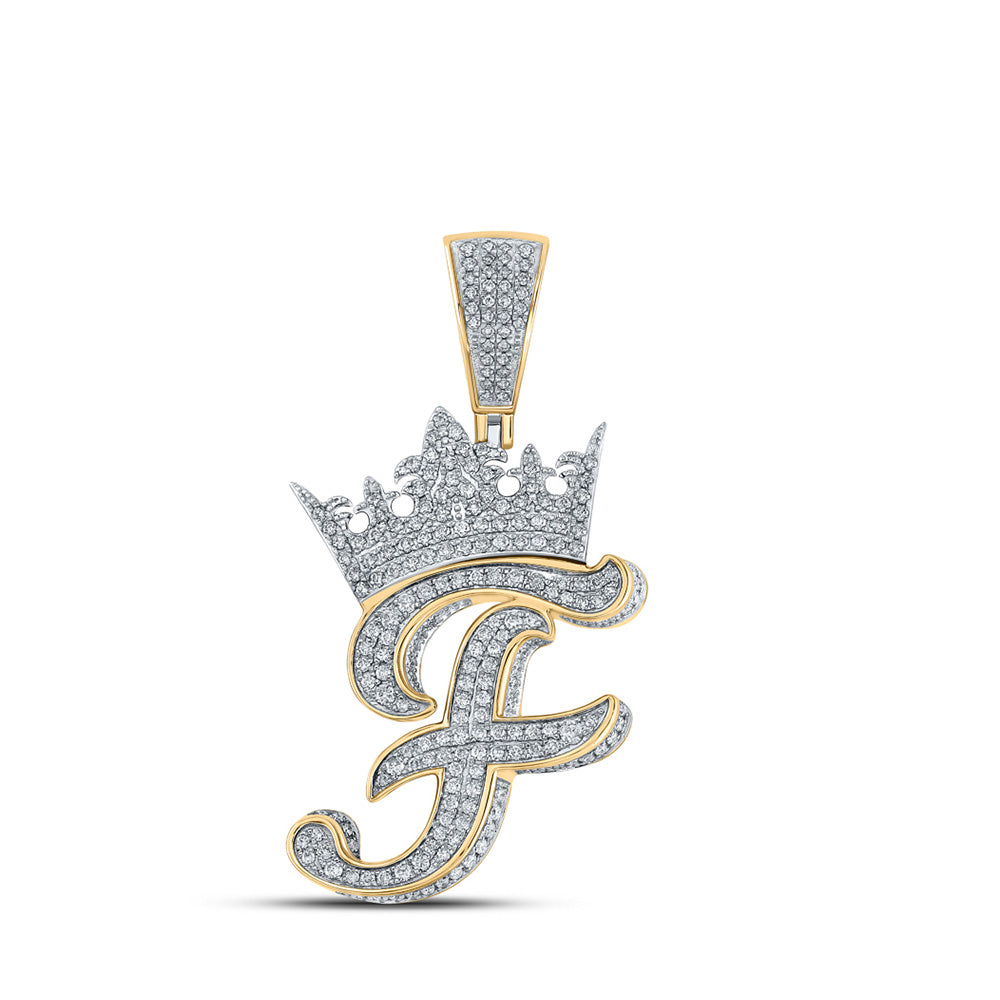 10kt Two-tone Gold Mens Round Diamond Crown F Letter Charm Pendant 1-3/8 Cttw