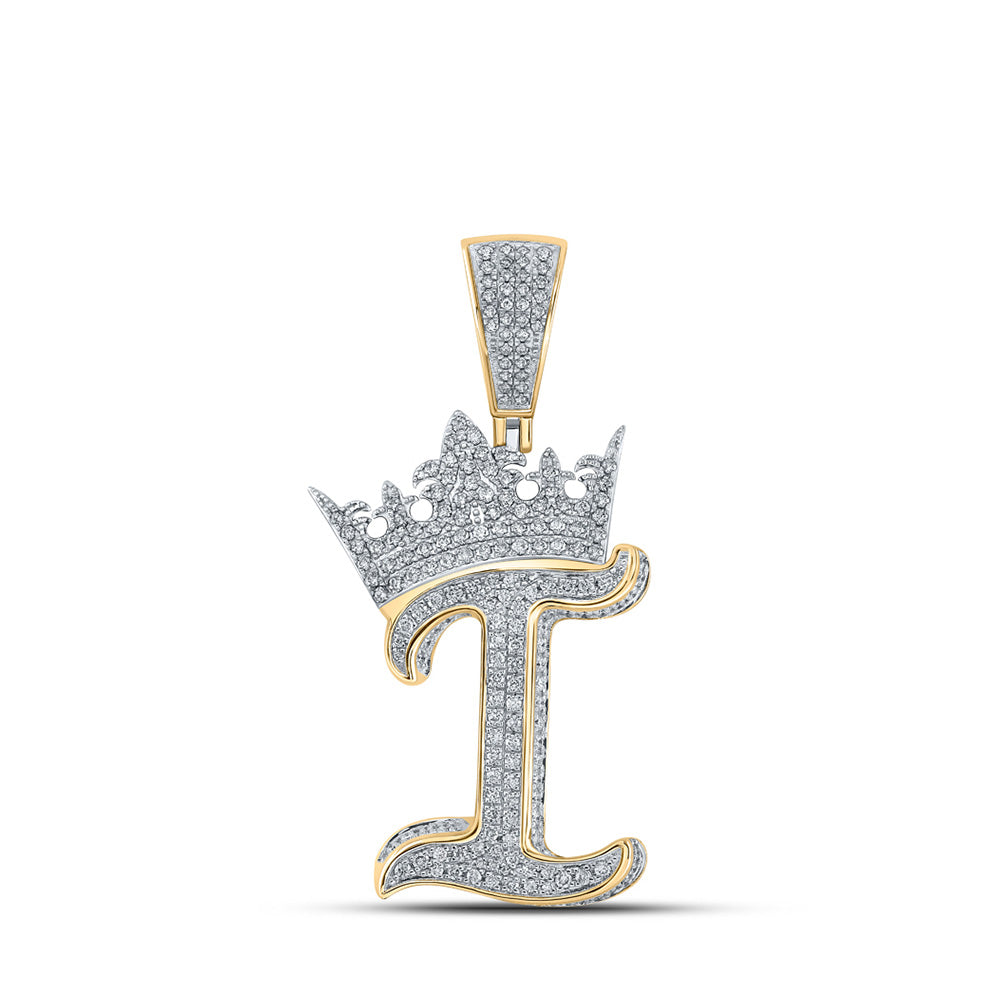 10kt Two-tone Gold Mens Round Diamond Crown I Letter Charm Pendant 1-1/3 Cttw