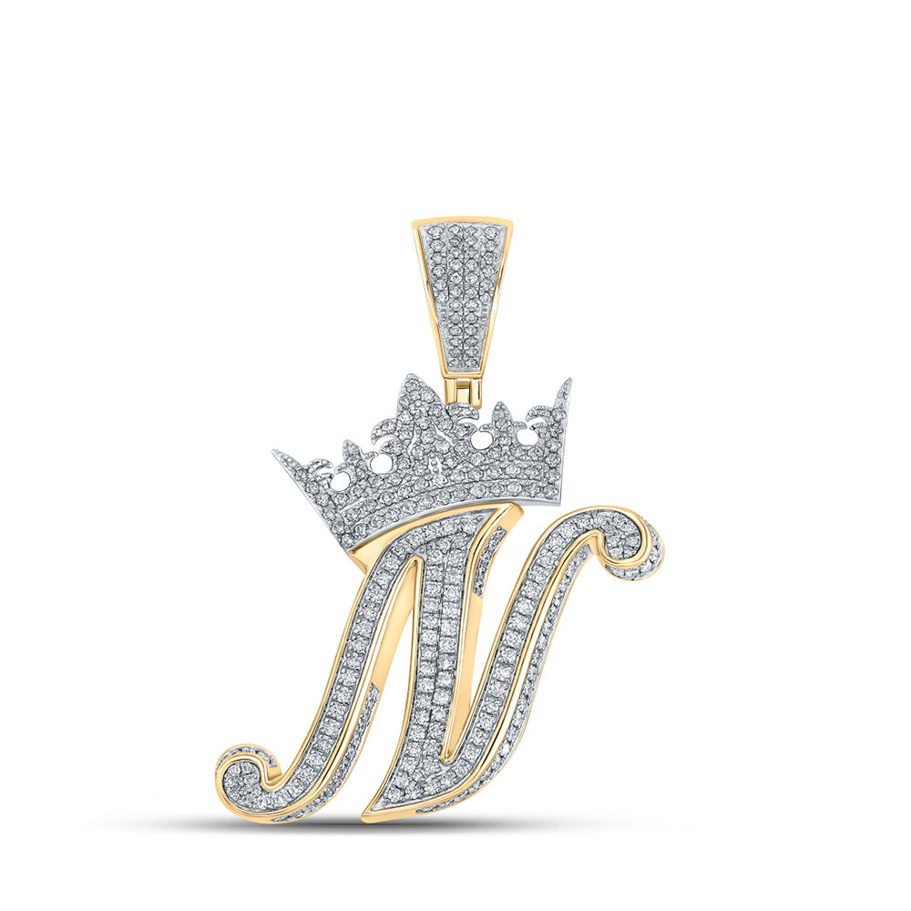 10kt Two-tone Gold Mens Round Diamond Crown N Letter Charm Pendant 1-3/8 Cttw