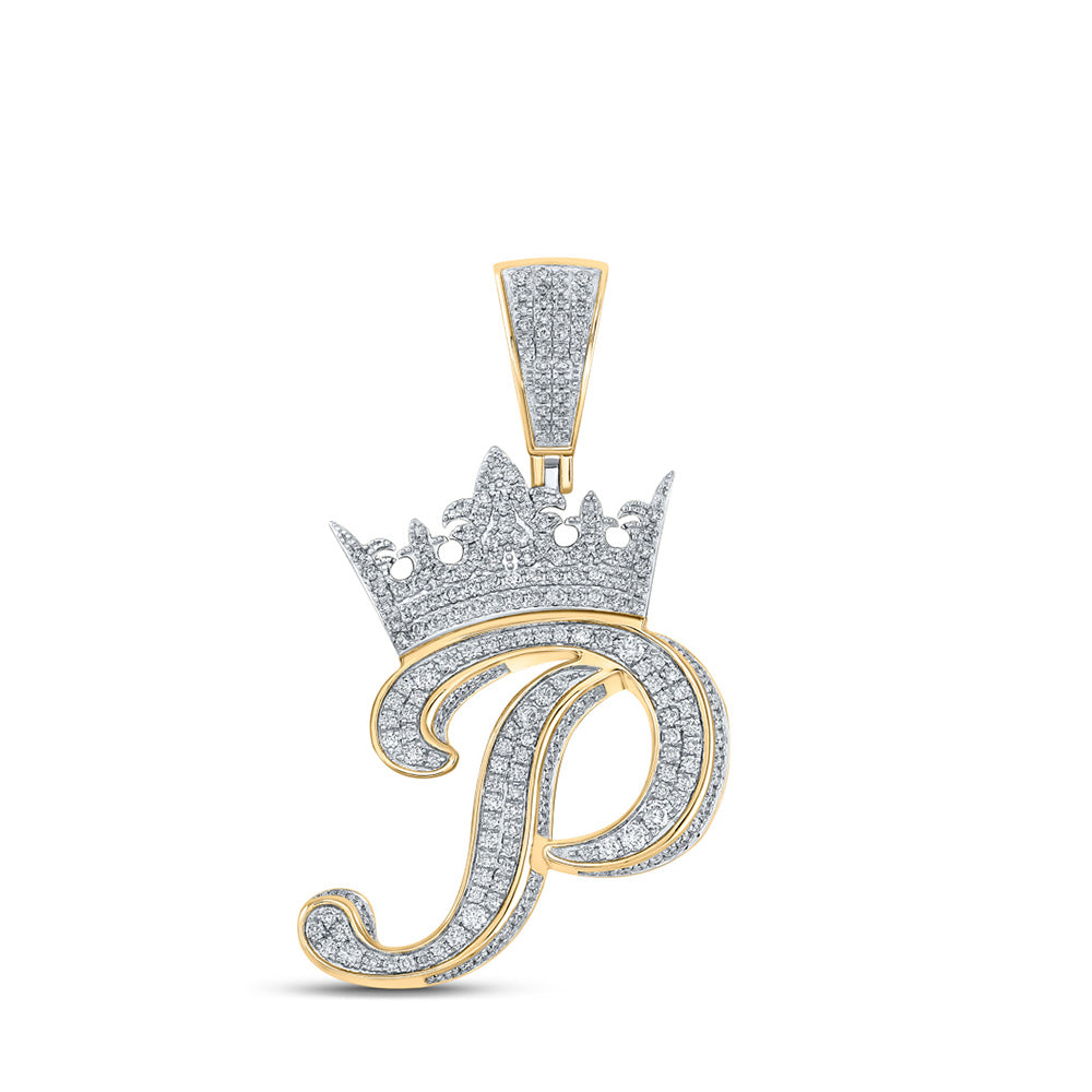 10kt Two-tone Gold Mens Round Diamond Crown P Letter Charm Pendant 1-1/2 Cttw