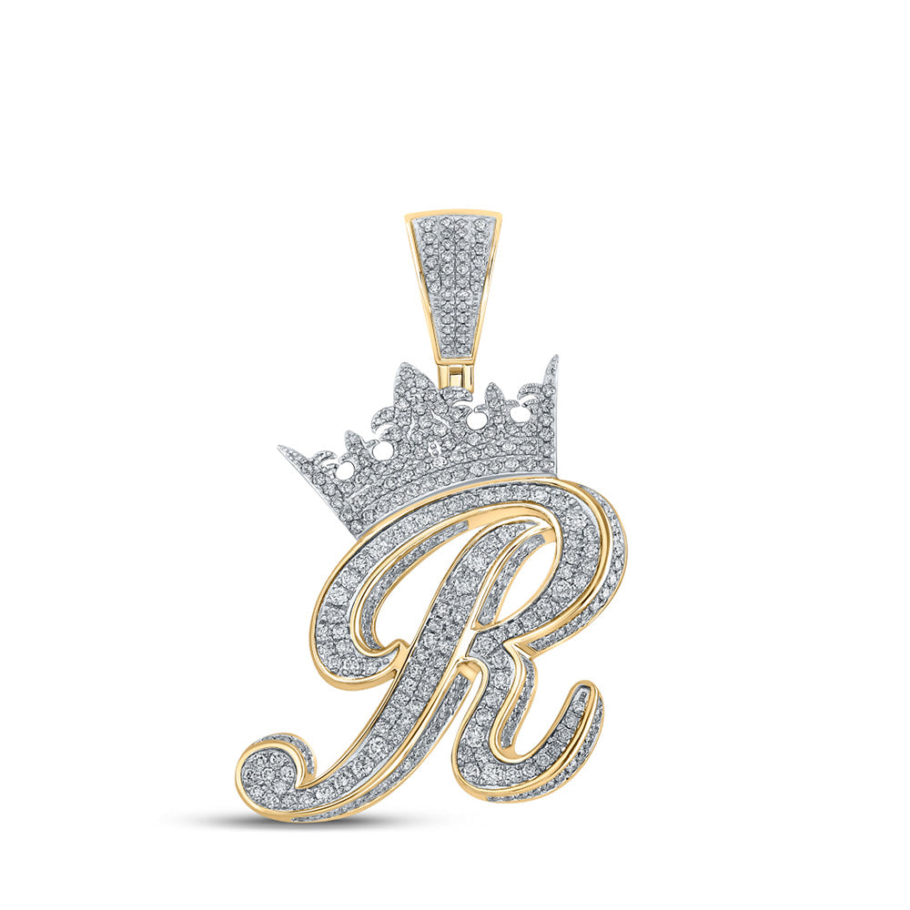 10kt Two-tone Gold Mens Round Diamond Crown R Letter Charm Pendant 1-7/8 Cttw