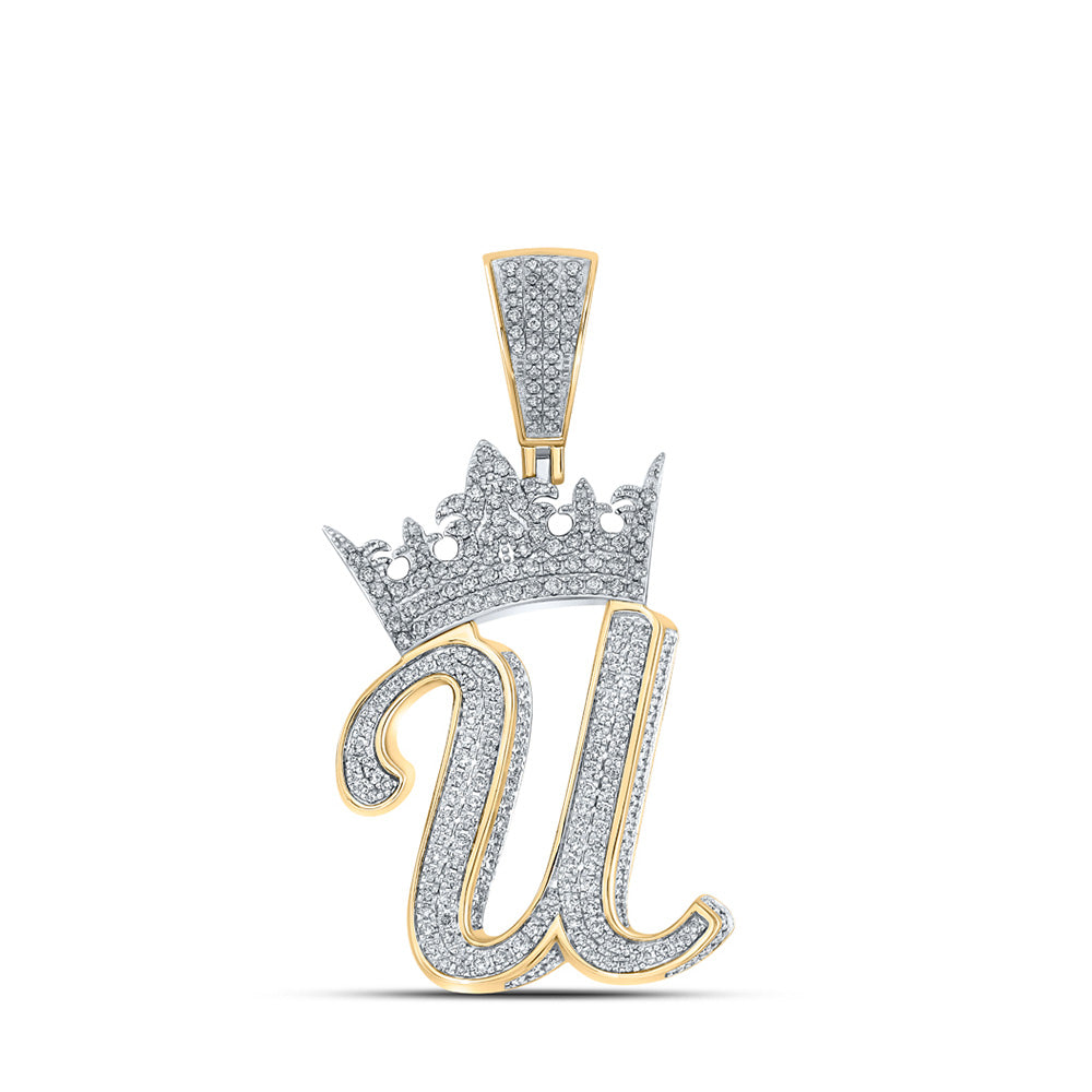 10kt Two-tone Gold Mens Round Diamond U Crown Letter Charm Pendant 1-1/2 Cttw