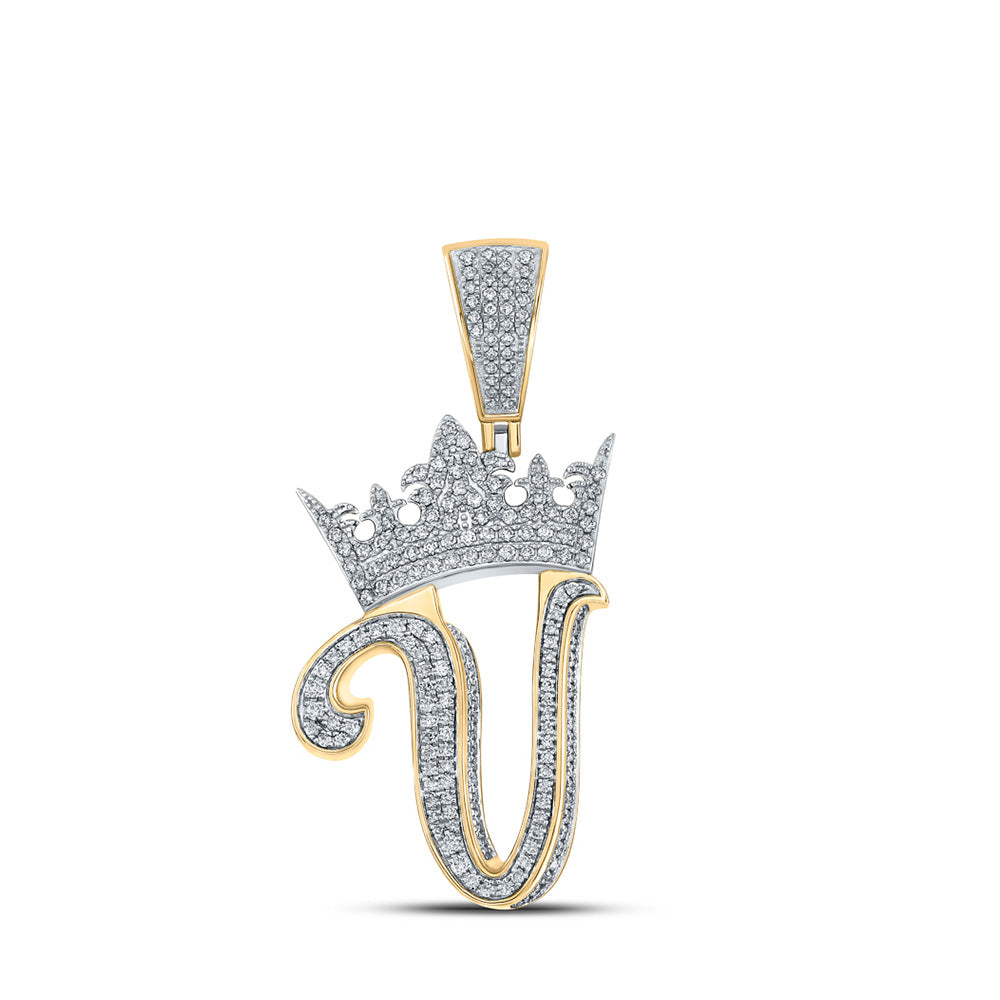 10kt Two-tone Gold Mens Round Diamond V Crown Letter Charm Pendant 1-1/5 Cttw