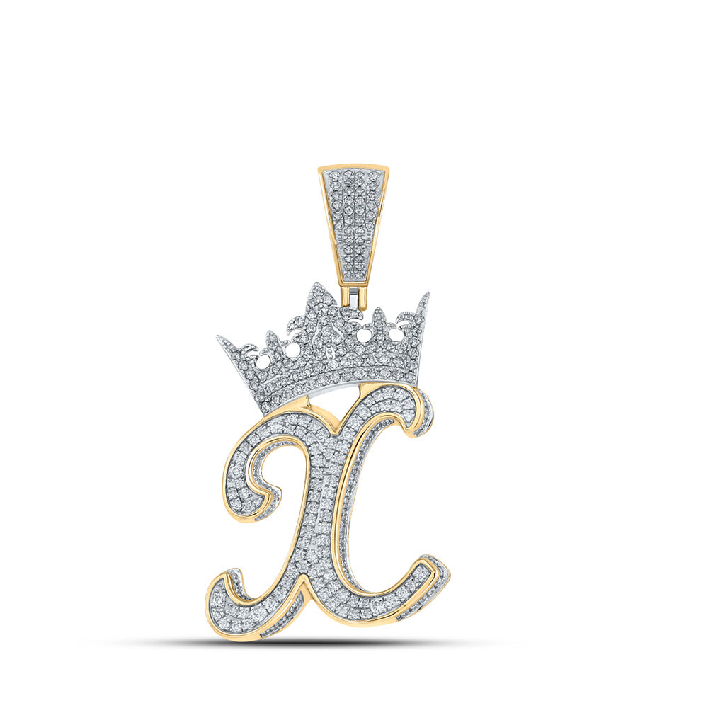 10kt Two-tone Gold Mens Round Diamond X Crown Letter Charm Pendant 1-1/2 Cttw