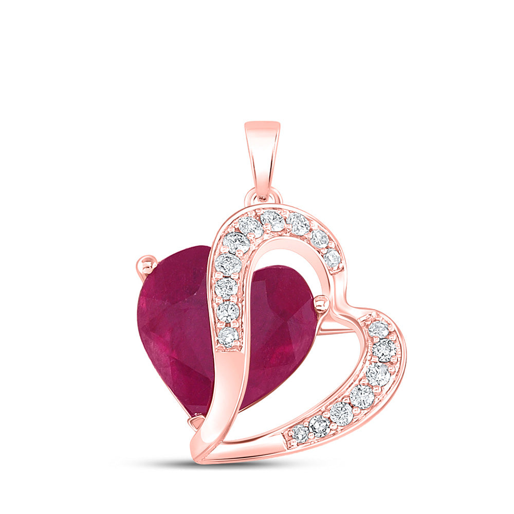 10kt Rose Gold Womens Heart Ruby Diamond Pendant 5 Cttw