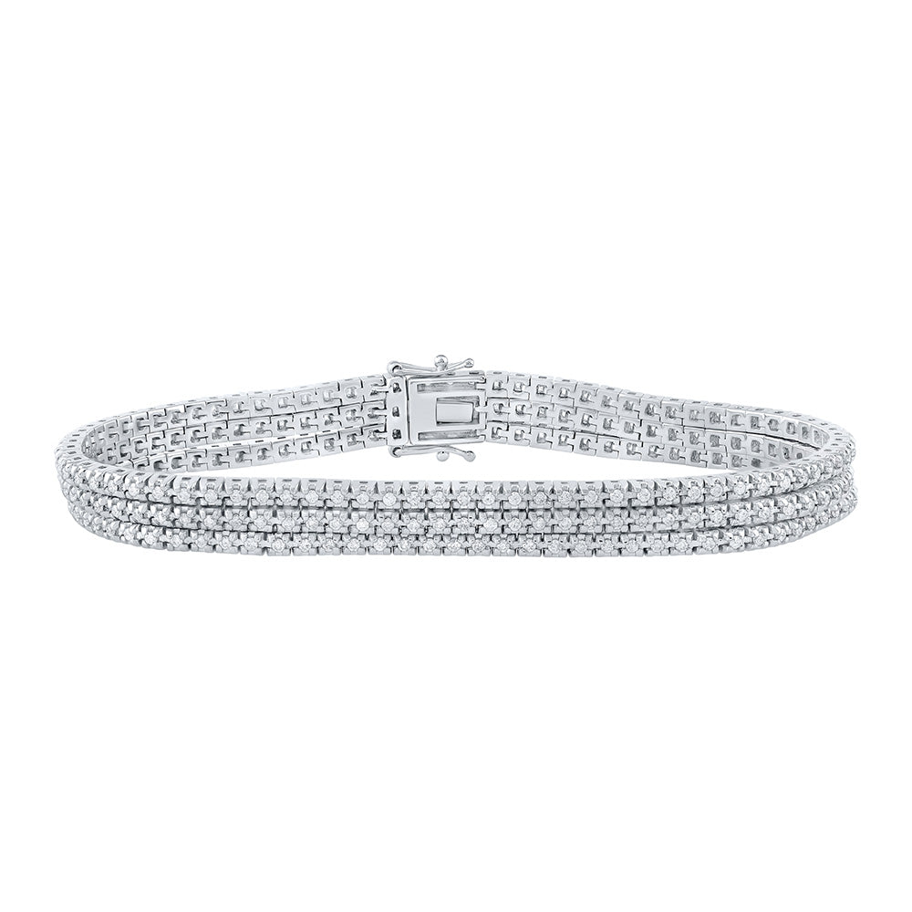 14kt White Gold Womens Round Diamond Triple Row Fashion Bracelet 1-3/4 Cttw