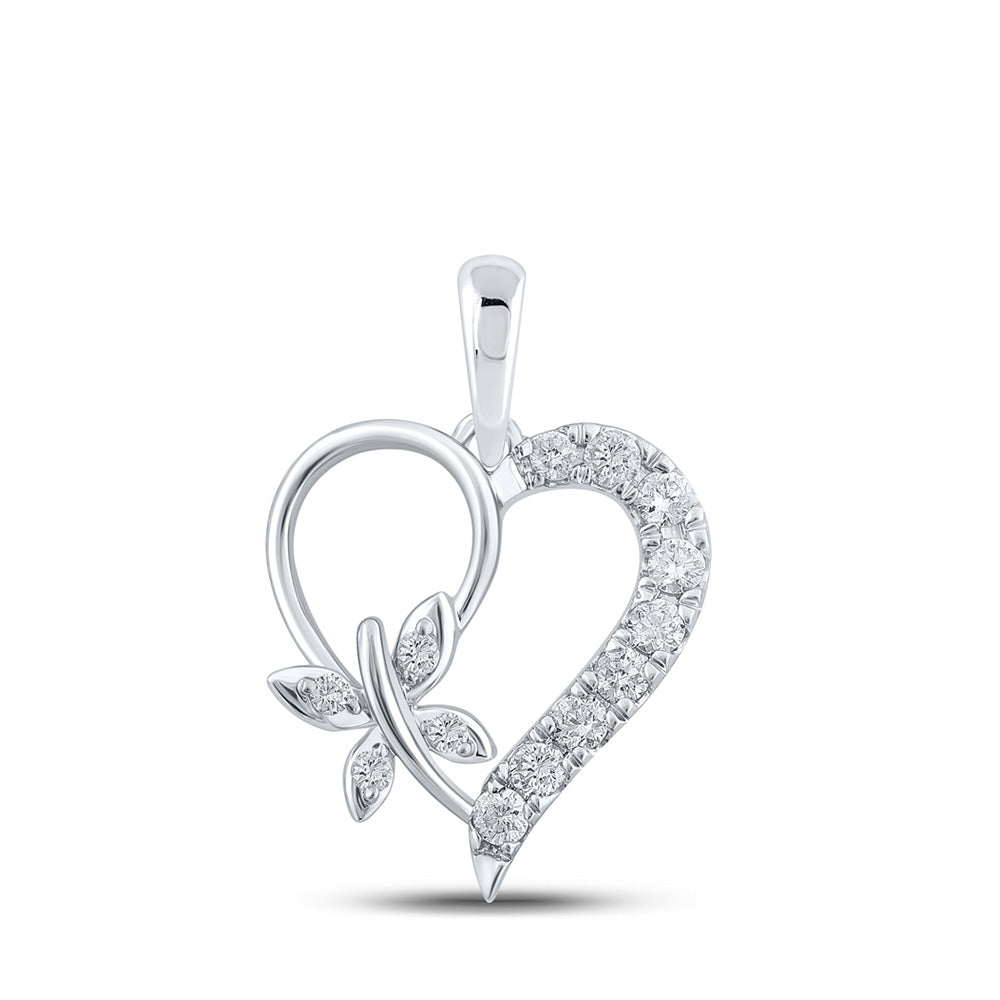 10kt White Gold Womens Round Diamond Butterfly Heart Pendant 1/4 Cttw