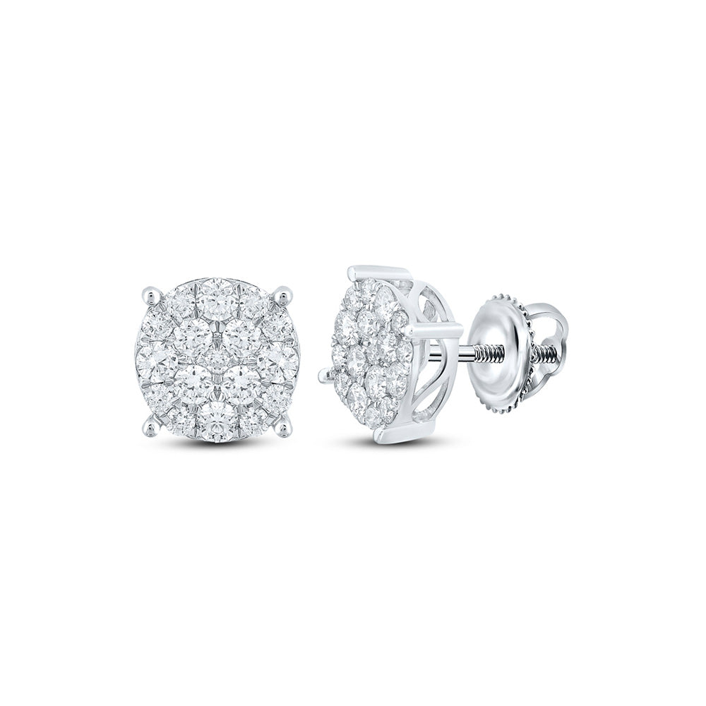 10kt White Gold Mens Round Diamond Cluster Earrings 1 Cttw